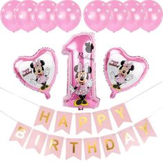 minnie mouse 1st birthday party supplies including balloons and streamers