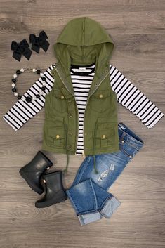 Olive Green Stripe Vest Set - Sparkle in Pink Trendy Hooded Spring Vest, Trendy Hooded Vest For Spring, Striped Hooded Tops For Fall, Hooded Vest With Pockets For Fall, Sleeveless Striped Winter Tops, Striped Hooded Top For Winter, Winter Striped Hooded Top, Striped Hooded Outerwear For Winter, Striped Hooded Winter Outerwear