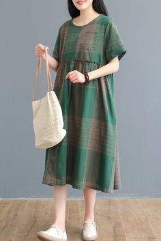 Plus Size-Summer Vintage Striped Plaid Dress Cotton Linen Dress Material: Cotton Linen Collar: O-neck Pattern: Plaid Season: Summer Casual Green V-neck Dress, Green V-neck Shift Maxi Dress, Dark Green V-neck Summer Dress, Green Short Sleeve Dress For Vacation, Casual Green A-line Midi Dress, Summer Green Shift Maxi Dress, Green Summer Shift Dress, Green Shift Dress For Summer, Spring Dark Green Midi Dress