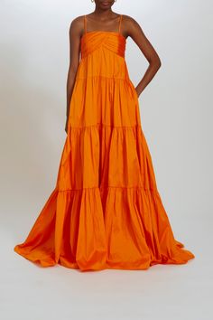 Taffeta ruched bodice trapeze gown with gathered tier skirt. Pockets in skirt. Shown in Tangerine. Cocktail Beach Wedding Attire, Taffeta Gathered Skirt, Orange Wedding Guest Dress, Subtle Glam, Orange Gown, Amsale Dress, Wedding Hairstyles Bridesmaid, Tropical Girl, Dress Code Wedding