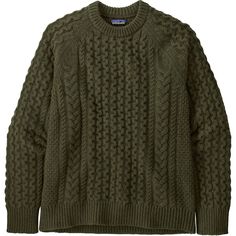 Patagonia's Recycled Wool-Blend Cable Knit Crewneck Sweater helps us combat cold temps season after season. Wool fibers give us that reliable wet-weather warmth, while nylon fibers increase durability for greater longevity. And built completely with recycled materials, this sweater keeps our carbon footprint from expanding. Mens Cable Knit Sweater Green, Warm Winter Sweater For Outdoor Wear, Outdoor Winter Sweater, Casual Wool Sweater For Outdoor, Outdoor Knit Sweater With Ribbed Cuffs, Cozy Outdoor Sweater, Fisherman Sweater Outfit, Sweater Weather Outfits, Design Outfit