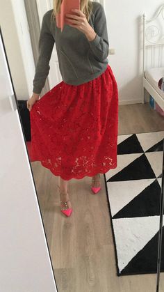 Red lace skirt Red Lace Skirt Outfit, Red Lace Skirt, Lace Midi Skirt, Womens Skirts, Lace Outfit, Red Lace Dress, Lace Midi, Red Lace, Skirt Outfits