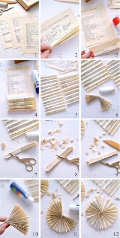 the steps to make an origami fan out of book pages are shown here