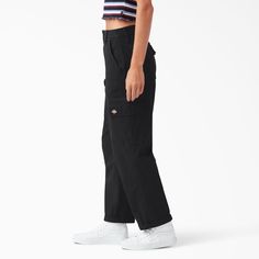 Relaxed fit; High rise Pieced lower leg panels Cargo pockets Contour waistband Back pockets with flaps Cuffed hem Inseam: 27.5" 8.25 oz. Twill, 98% Cotton/2% Spandex 8.25 oz. Twill, 98% Cotton/2% Spandex Casual Fitted Black Work Pants, Streetwear Cargo Pants With Welt Pockets And Straight Leg, Urban Full Length Cargo Pants For Workwear, Urban Style Full Length Cargo Pants For Work, Black Cargo Jeans With Tapered Leg And Hip Pockets, Fitted Black Work Pants With Cargo Pockets, Fitted Black Cargo Work Pants, Black Urban Work Pants With Hip Pockets, Urban Black Work Pants With Hip Pockets