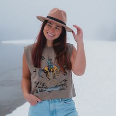 Let's Rodeo Muscle Tee - Faded Brown - Ladies - The Montana Scene Western Style Brown Tops For Ranch, Brown Western Style Summer Tops, Vintage Tops For Western-themed Events, Casual Brown Tops For Western-themed Events, Lady L, Lady M, Muscle Tee, Muscle Tees, Hot Summer