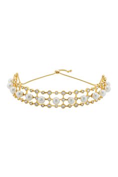 18kt gold plated jaali choker necklace with white shell pearls, cubic zirconia embellishment.
Type: Pearl, Cubic Zirconia
Composition: Brass
Color: White
Other Details: 
Geometric motif
Cutwork detailing
Dimensions (L x W) (in cm): 304 x 25
Weight (in gms): 80
Closure: Bolo
Note: Only the necklace worn by the model is for sale
 - Aza Fashions Luxury White Pearl Choker Necklace, Elegant Gold Plated Choker For Party, Elegant Gold-plated Choker For Parties, Elegant Gold Bridal Choker Necklace, Elegant Jeweled Metal Choker, Elegant Gold Cubic Zirconia Choker, Luxury Gold Pearl Choker Necklace, Elegant Jeweled Gold Plated Necklaces, Elegant Plated Choker Jewelry