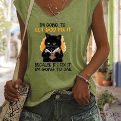 Lasaky - Womens Sleeveless V-Neck Cartoon Cat Print Tank Top - Stylish Casualwear for Spring & Summer Women Slogan, Cheap Tank Tops, Cheap Clothing, Slogan T Shirt, V Neck Tank Top, Women T Shirts, Green Print, Tshirt Design, Print Tank