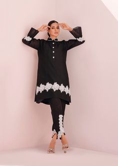 SKU: 3009 Price for Shirt & Trouser 2pc Amp up your style game with our beautifully crafted black soft khadi silk shirt adorned with floral details. This piece comes up with a shamiz. Casual Black Sets For Eid, Black Semi-formal Spring Set, Black Semi-formal Sets For Spring, Elegant Lawn Suit With Embroidered Long Sleeves, Elegant Lawn Suit With Long Embroidered Sleeves, Elegant Cotton Kurta For Semi-formal Occasions, Elegant Semi-formal Cotton Kurta, Black Semi-formal Sets For Eid, Elegant Cotton Blouse For Eid