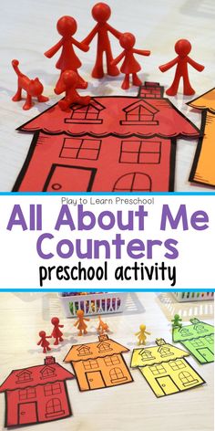 an all about me counting game with paper houses and people on the ground, in front of