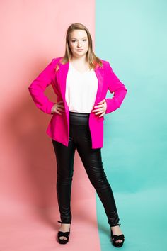 Our Lightweight Single Fuschia Blazer is the perfect go-to piece! From work to night a out, this cute blazer will keep you looking chic! This blazer features a gorgeous hot pink fabric, long sleeves, notched collar, padded shoulders, open front with no closure, and a fun floral print lining. Add to any outfit! Wear over a graphic tee with jeans and sneakers for a more casual look. You can also pair with trousers or a skirt with heels for a day at the office. Or for a date night look, pair with some trendy heels and leather leggings! Item Description: Long Sleeves Notched Collar Padded Shoulders Open Front- No Closure Floral Print Lingin Lightweight Blazer Fit: True to size. Hand wash cold, line dry. Fabric Content: 100% Polyester. Lining: 95% Polyester, 5% Spandex. Color: Fuschia Brand: Bi Hot Pink Blazer Outfit, Pink Blazer Outfit, Hot Pink Fabric, Hot Pink Blazers, Cute Blazers, Trendy Heels, Lightweight Blazer, Pink Blazer, Blazer Outfits