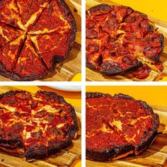 four different views of a pizza on a cutting board