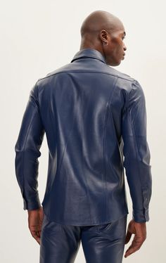 N° 4725 GENUINE LAMBSKIN LEATHER SHIRT - NAVY – Ron Tomson Modern Leather Tops For Workwear, Elegant Leather Tops For Work, Elegant Leather Formal Tops, Sleek Leather Tops For Workwear, Sleek Leather Tops For Work, Elegant Formal Leather Tops, Elegant Leather Tops For Formal Occasions, Elegant Leather Tops For Office, Fitted Leather Long Sleeve Tops