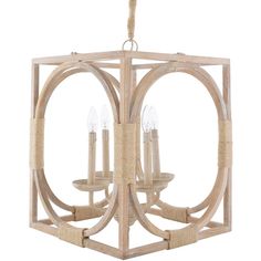 a wooden chandelier with three candles hanging from it