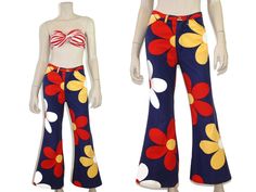 "These 60s or 70s-era bell bottoms feature a fun large format floral print, 2 hip pockets, 2 back pockets, and bell bottom flares. Fabric is a cotton twill similar to denim. Pants are unlined and zip up the front. Best fits size xs or small (please check measurements below). Accessories not included. Approximate Flat Measurements:  Multiply times 2 for bust, waist, and hip measurements. For best fit, compare with a similar style of clothing which you already own.  Total Length: 37\" Waist (multi Retro High Waist Flare Jeans For Spring, Hippie Style Wide Leg Summer Flares, Hippie Wide Leg Summer Flares, Hippie Wide Leg Flares For Summer, Summer Hippie Wide Leg Flares, Hippie Wide Leg Spring Flares, Hippie Wide Leg Flares For Spring, 70s Inspired Fitted Flare Jeans For Spring, Spring Hippie Wide Leg Flares