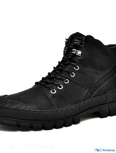 OrcaJump - Mens Leather Nappa Mid-Calf Combat Boots - Casual Daily Walking Shoes - Black Fall Winter Rugged Black High-top Work Boots, Black Rugged Lace-up Boots With Plain Toe, Casual Moto Boots With Steel Toe, Rugged Black Hiking Boots With Round Toe, Casual High-top Boots With Protective Metal Feet, Black Leather Work Boots With Protective Features, Casual Leather Hiking Boots With Protective Features, Black Rugged Combat Boots With Rubber Sole, Rugged Black Combat Boots With Rubber Sole