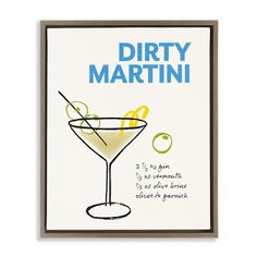 a card with an illustration of a martini glass and the words dirty martini on it