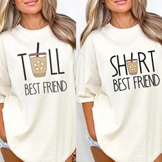 Tall Best Friend Coffee Shirt ~ HOW TO ORDER ~ ❤ Enter Tall or Short into personalization box ❤ Repeat steps for Each shirt  ~ PRODUCT DETAILS ~ ❤ Comfort Colors Brand ❤ 100 % Cotton ❤ DTG (Direct to Garment) Printing. The Ink is printed directly into the fabric. There is no Vinyl used. ~ SIZING ~ ❤ Unisex Sizing ❤To achieve the Oversized look, please size up 1-3 Sizes. ❤ Please refer to size guide in product images to ensure you are choosing the correct fit. ~ CARE INSTRUCTIONS ~ ❤ Wash inside out with cold water ❤ Lay flat to dry ❤ Do not dry clean ❤ Try to avoid ironing the design ❤ Tumble dry low ~ RETURNS/EXHANGES ~ ❤ Please note; your product is made to order & Returns are not accepted. ❤ Please make sure all sizing & Shipping information is correct before ordering. ❤ We are not resp Short Friend, Tall Friends, T Shorts, Coffee Shirt, Coffee Tshirt, Coffee Shirts, Best Friend Gift, Product Images, Best Friend Gifts