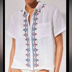 Nwt - The Cabana Shirt From Solid And Stripe. Made Of 100% Linen. Embroidery Details In Vibrant Colors. Perfect For Warm Weather! White Embroidered Beach Shirt, White Floral Embroidered Beach Shirt, White Floral Embroidered Shirt For Beach, White Floral Embroidered Shirt For The Beach, Striped Tops, Linen Embroidery, Solid And Striped, Solid & Striped, Embroidery Details