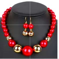 Fashion Beaded Necklace Earring Fashion Jewelry Large Pearl Shaped Red And Gold Beads. Very Cute And Adorable For Any Fashion Statement. Elegant Red Beaded Necklace For Christmas, Red Dangling Beads For Party, Red Party Beaded Necklaces With Gold Beads, Elegant Large Red Beads, Red Large Beads For Party, Large Red Beads For Party, Beachy Necklace, Earring Fashion, Long Statement Necklace