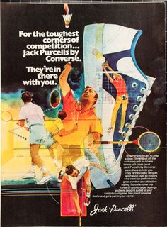 Great disco-era advertisement from a magazine that would look great in your home or office. Retro 1-panel color ad features former badminton champ Jack Purcell and Converse shoes. They still make this model of shoe. Because of its age, there is slight discoloration and edge wear. Panel measures approximately 8"W x 11"L. Comes in protective sleeve and shipped with rigid cardboard. Footwear Ads, 90s Posters, 70s Converse, Running Posters, Converse Jack Purcell, Air Max Day, Vintage Converse, Disco Era, Jack Purcell