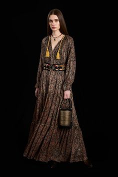 Brown maxi dress featuring paisley pattern all over with hand embroidered sequin and cord detailing on the neckline. - Aza Fashions Brown Maxi Dress, Brown Maxi Dresses, Rara Avis, Maxi Dress For Women, Maxi Dress Pattern, Types Of Dresses, Paisley Pattern, Dress For Women, Womens Maxi Dresses