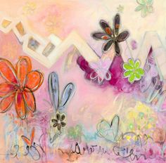 an abstract painting with flowers and butterflies