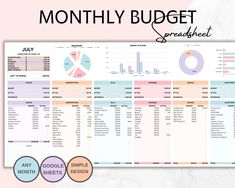 the printable budget spreadsheet is shown in three different colors, including pink and blue