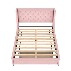 a pink bed frame with buttons on the headboard and foot board, against a white background