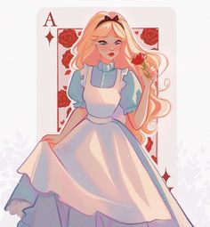 a drawing of a blonde haired girl holding a rose in front of a playing card