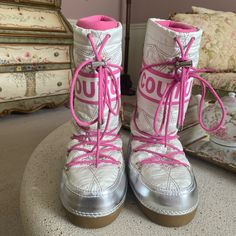 Sought After Adorable Juicy Couture Pink White And Silver Snow Moon Boots From The 2000’s. Rare Find! Excellent Condition! There Are 2 Small Flaws. Small Fade Spot On The Back Inside Of One Boot And 2 Small Marks On Side Toe Of Other Boot. See Photos. Size 8 Luxury White Winter Boots, Designer White Boots For Spring, Snow Moon, Juicy Couture Shoes, Funky Shoes, Couture Shoes, White Snow, Moon Boots, Winter Rain