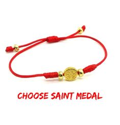 Adjustable Gold Friendship Bracelets For Gift Making, Red Personalized Spiritual Bracelets, Personalized Red Spiritual Bracelets, Adjustable Red Bracelet For Blessing, Elegant Adjustable Red Rosary Bracelet, Adjustable Red Hand-strung Bracelet, St Benedict Bracelet, Catholic Bracelet, Olive Wood Cross