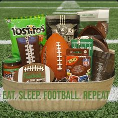 an image of a football gift basket on the field