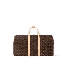 LOUIS VUITTON® - Keepall Bandoulière 50 - Vuittonite Louis Vuitton Official Website, Louis Vuitton Keepall, Cotton Textile, Louis Vuitton Official, Golden Color, Color Stripes, Monogram Canvas, Cowhide Leather, 50 %