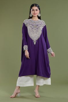 Purple kaftan with matka pearl, sequin, bead embroidery in geometric pattern. Paired with pant. - Aza Fashions Traditional Hand Embellished Palazzo Set With Long Sleeves, Designer Sequined Kaftan For Eid, Hand Embellished Long Sleeve Kaftan For Eid, Hand Embellished Long Sleeve Palazzo Set, Eid Abaya With Mirror Work, Long Sleeve Kaftan With Dabka Work For Reception, Traditional Hand Embellished Palazzo Set For Eid, Sequin Kaftan For Eid Reception, Floor-length Hand Embellished Kurta For Eid