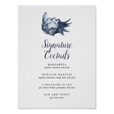 an elegant blue and white menu card with the words signature cocktails written in cursive font