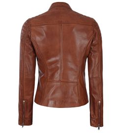 Effortless style is at your fingertips with the Carrie Cognac Padded Cafe Racer Leather Jacket for Women. Embrace a classic leather aesthetic that showcases exclusive lambskin leather and broad lapels. Specifications: 100% Real Lambskin Leather. Internal full lined with soft polyester. Asymmetrical collar with smooth zip YKK closure. Two exterior and one inner pocket. Tan color for a trendy appearance. Its blend of fashion-forward design and enduring quality ensures that it will remain a staple Classic Cognac Leather Jacket For Winter, Classic Cognac Leather Jacket, Classic Brown Biker Jacket, Elegant Brown Leather Biker Jacket, Classic Brown Leather Jacket With Padded Collar, Luxury Fitted Brown Leather Jacket, Fitted Cognac Leather Jacket, Classic Fall Biker Jacket With Leather Lining, Classic Leather-lined Biker Jacket For Fall