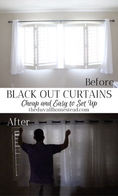 the before and after image shows how to hang curtains