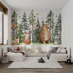 a living room filled with lots of furniture and wallpaper covered in forest themed murals