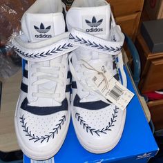 New In Box Never Worn, Leather Upper, Rubber Bottoms With Classic Treads, Lace Up With Velcro Strap Across Ankle Custom Sports Sneakers With White Laces, High-top Sports Sneakers With White Laces, Sport High-top Sneakers With White Laces, Casual Basketball Shoes With White Laces, Casual Basketball Shoes With White Sole And Laces, Adidas Nmd R1 White, Adidas Forum Mid, Adidas Black Sneakers, Adidas Ultraboost 20