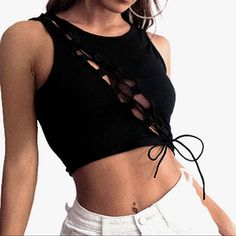 Black Tie Crop Top (Never Worn) Edgy Black Cropped Tank Top, Black Cotton Tank Top For Party, Black Cropped Tank Top For Spring, Edgy Black Crop Top For Summer, Amazon Tops, Knitted Crop Tank Top, White Lace Crop Top, Black Lace Crop Top, Turtle Neck Crop Top