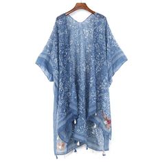 Casual Patterned Kimono For Beach Cover-up, Casual Long Printed Cover-up, Blue V-neck Cardigan For Vacation, Bohemian V-neck Cardigan With Floral Print, Casual Printed Summer Cardigan, Summer Casual Printed Cardigan, Printed Beach Cardigan, Casual Printed Cardigan For Vacation, Summer Open Front Printed Cardigan