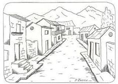 a drawing of a street with houses and mountains in the background, drawn by hand