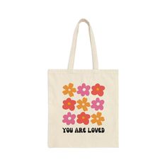 Reminder: You Are Loved. Not Negotiable. This 100% cotton bag comes in one size - 15" x 16"- perfect for everyday wear. It's  durable and will last for years. The bag features 20" handles (made from the same canvas), making it easy to carry even with a week's worth of shopping. Pink Retro Vibes Tote | Nature Lover Tote | 70s Pink Cotton Tote | Groovy Floral Tote Bag | Summer Tote | Preppy Princess Lover Gifts | Cute Uni Bag | Groovy Hippy Vibes | Teen Tote | Flower Power Aesthetic Gift | Trendy Retro Cotton Bags For Spring, Retro Summer Canvas Bag, Vintage Beige Cotton Canvas Bag, Beige Vintage Cotton Canvas Bag, Trendy Cotton Canvas Bag For Weekend, Everyday Retro Canvas Bag With Letter Print, Retro Everyday Canvas Bag With Letter Print, Retro Summer Canvas Bag For Everyday, Retro Cotton Summer Bag