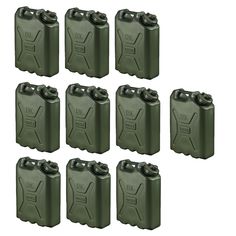 six green jerry canisters are lined up in a row