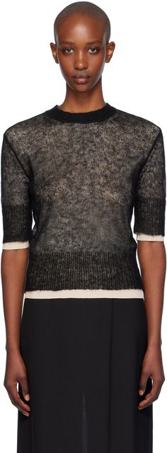 Sheer open knit mohair-blend sweater. · Layered construction · Rib knit crewneck, hem, and cuffs · Full knit stretch viscose-blend lining Supplier color: Black Sheer Sweater, Sweater Layering, Boss Black, Knit Crewneck, Open Knit, Knitwear Women, Boss Lady, Hugo Boss, Black Sweaters