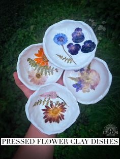 three plates with flowers painted on them are held in someone's hand and the words pressed flower clay dishes