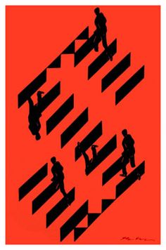 three silhouettes of skateboarders going down stairs on an orange background with black stripes