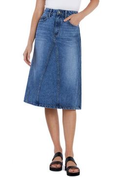 A paneled design lends vintage-inspired charm to this nonstretch-denim skirt cut to a classic midi length. 28" length (size 27) Zip fly with button closure Front scoop pockets 100% cotton Machine wash, tumble dry Imported Midi Denim Skirt, Midi Denim, Denim Midi Skirt, Wholesale Clothing, Wholesale Fashion, Quality Fashion, Midi Length, Denim Skirt, Womens Bottoms