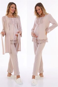 LohusaHamile Beige Color Maternity Pajamas and Robe  Cotton Fabric There are 3 pieces of product in the package ( Maternity Pajamas and Maternity Robe ) This Products have breastfeeding feature Pajamas is long sleeved Adjustable at the waist There is a Belt in the Pachage it's a model that you can use after postpartum period Attention, There is no CROWN and SLIPPERS in the Package Size Range; if your weight's 60-71 Kilograms or 132-157 Ib, You Should buy size ''S'' Size Range; if your weight's 7 Beige Long Sleeve Bedtime Sets, Beige Long Sleeve Sets For Home, Feminine Long Sleeve Bedtime Sets, Feminine Long Sleeve Sleepwear Set, Feminine Long Sleeve Sleep Sets, Beige Long Sleeve Sleepwear Set, Beige Long Sleeve Sleep Set, Diy Nursing Clothes, Maternity Pajama Set