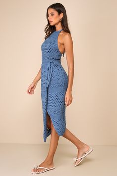 Slip into the Lulus Blissful Strolls Slate Blue Crochet Faux-Wrap Halter Midi Dress and take a leisurely walk through the palms! This vacay-ready crochet-knit dress has a tying halter neckline and a fitted bodice with a flirty open-back design. The high waist sits atop a column skirt that boasts an overlapping panel that ties at the hip to create a wrap effect, all before ending at a modern midi hem. Fit: This garment fits true to size. Length: Mid-calf length. Size medium measures 45.75" from t Crochet Knit Dress, Black And Blue Dress, Casual Formal Dresses, Column Skirt, Lulu Fashion, The Palms, Blue Crochet, Halter Midi Dress, Adhesive Bra